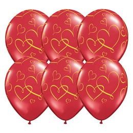11 inch-es Romantic Heart - Arany Szíves Mintás Ruby Red Lufi (25 db/csomag)