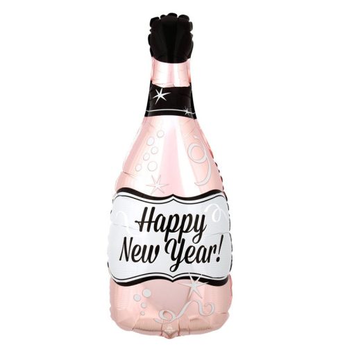 Rosegold Színű Happy New Year Feliratú Pezsgősüveg Fólia Lufi Szilveszterre