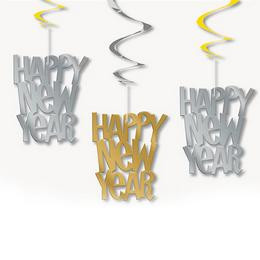 Happy New Year Feliratú Parti Spirális Függő Dekoráció, 3 db-os